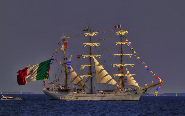 Обои картинки фото корабли, парусники, паруса, флаги, мачты, корабль, океан