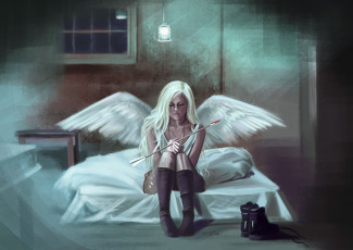 обоя фэнтези, ангелы, девушка, блондинка, ангел, крылья, сидит, комната