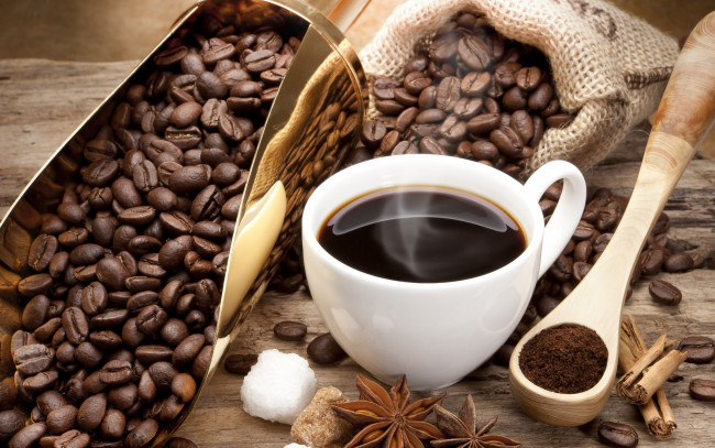 Обои картинки фото еда, кофе,  кофейные зёрна, сахар, корица, чашка, зерна