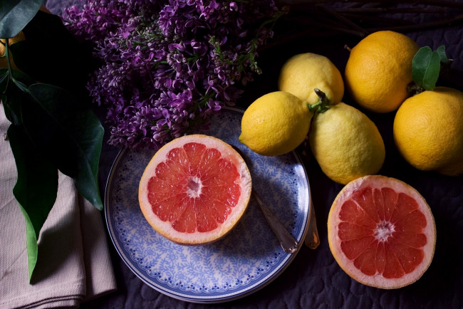 Обои картинки фото еда, цитрусы, фрукты, лимоны, апельсин, сирень