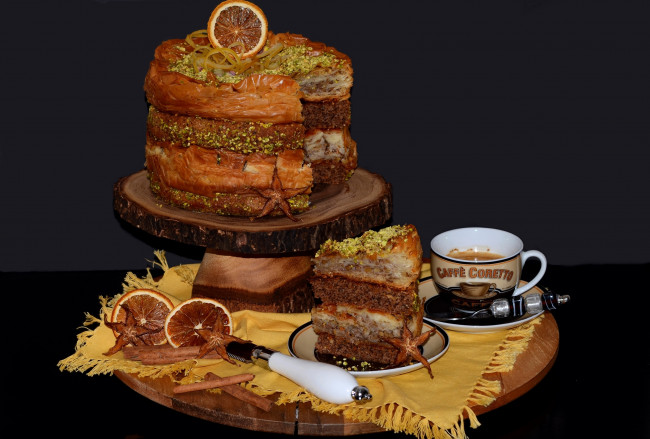 Обои картинки фото еда, торты, слои, торт, карамбола, пахлава, кофе, корица, апельсин