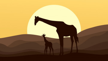 Картинка векторная+графика животные+ animals жираф закат