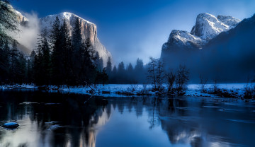 Картинка природа реки озера калифорния вода рассвет скалы yosemite national park зима туман деревья снег горы лес сша