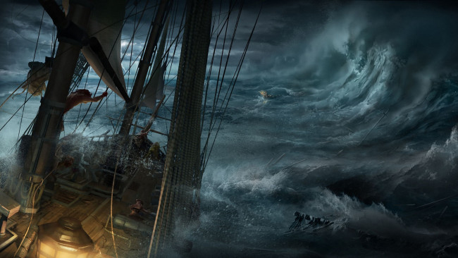 Обои картинки фото корабли, рисованные, шторм, корабль, палуба, мачты, волны, стихия