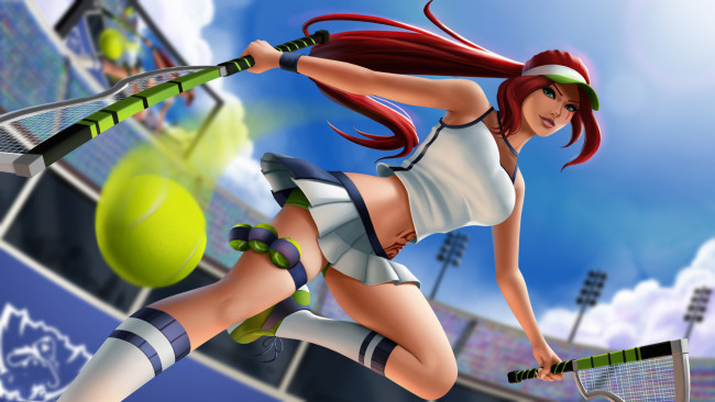 Обои картинки фото видео игры, league of legends, взгляд, тенис, ракетка, мяч, фон, девушка, katarina