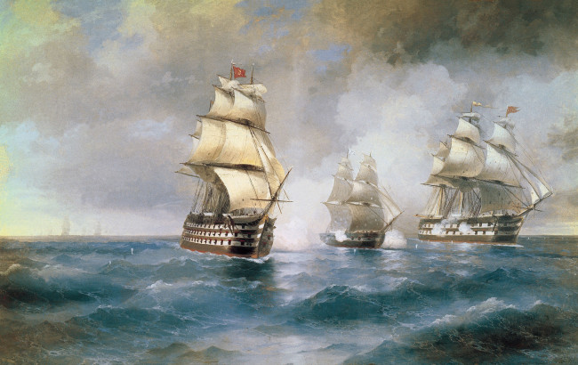 Обои картинки фото корабли, рисованные, эскадра, парусники, мачты, паруса, линкоры, фрегаты, море, волны, ветер