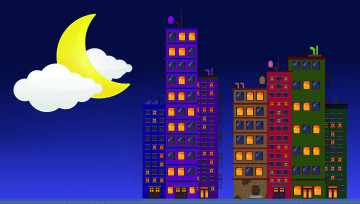 Картинка векторная+графика город+ city месяц дом ночь фон здание