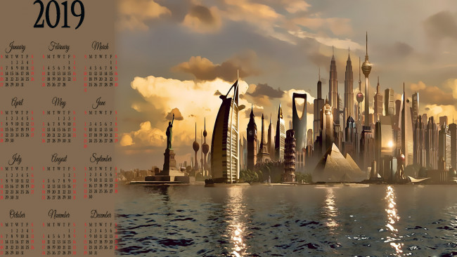 Обои картинки фото календари, фэнтези, водоем, статуя, город, здание, небоскреб
