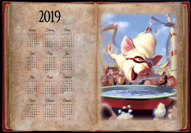 Обои картинки фото календари, рисованные,  векторная графика, поросенок, очки, свинья, люди, прыжок