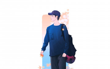 Картинка рисованное люди сяо чжань свитер листья рюкзак шлем