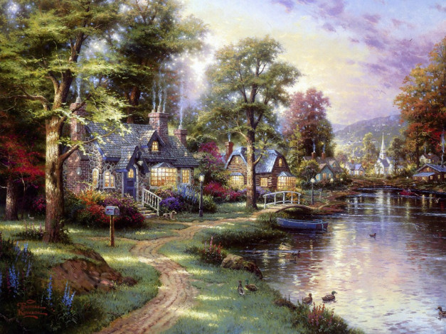 Обои картинки фото thomas, kinkade, рисованные, природа