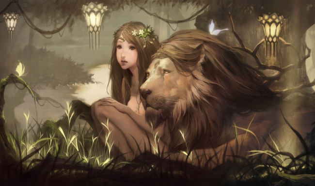 Обои картинки фото фэнтези, красавицы, чудовища, девочка, лев