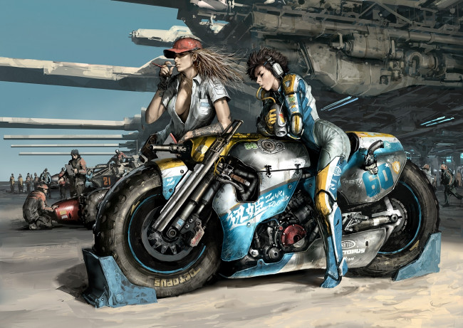 Обои картинки фото фэнтези, девушки, мотоцикл