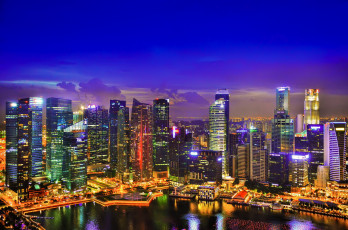 обоя города, сингапур, небоскребы, ночь, огни