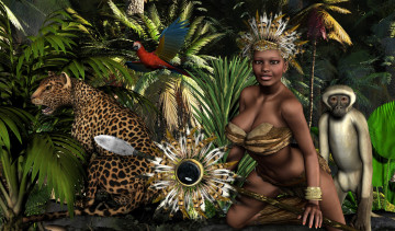 Картинка 3д графика fantasy фантазия девушка африканка леопард обезьяна попугай копе