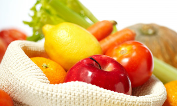 Картинка еда фрукты овощи вместе морковь лимон помидор яблоко