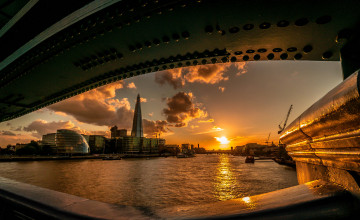 обоя города, лондон, великобритания, солнце, река, мост, закат