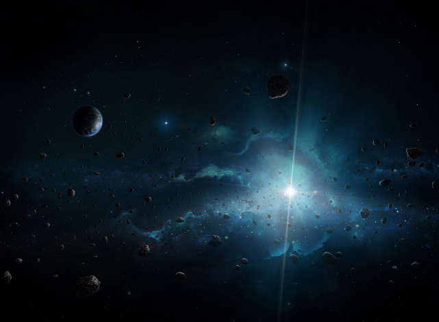 Обои картинки фото космос, арт, звезда, астероиды, планета, свет