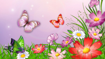 обоя векторная графика, цветы , flowers, бабочки, цветы, трава, природа