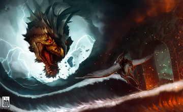 Картинка фэнтези драконы море мост всадник волны ярость искры молнии дракон antonio de luca арт арки дым пегас