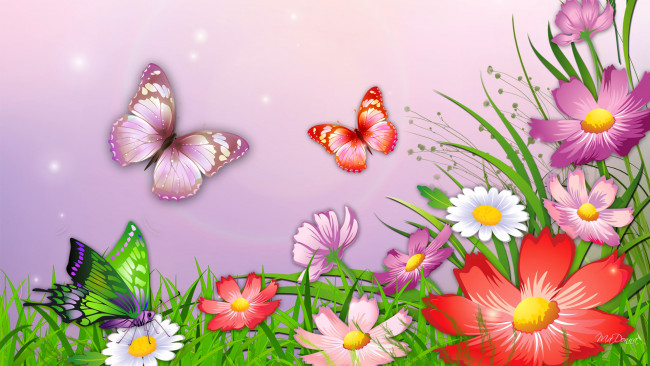 Обои картинки фото векторная графика, цветы , flowers, бабочки, цветы, трава, природа