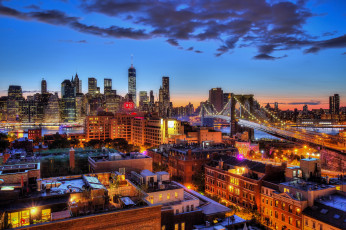 Картинка города нью-йорк+ сша соединенные штаты манхэттен one world trade center сумерки бруклинский мост нью-йорк огни облака небо