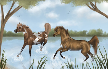 обоя рисованное, животные,  лошади, лошади