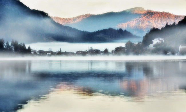 Обои картинки фото природа, реки, озера, озеро, горы, туман