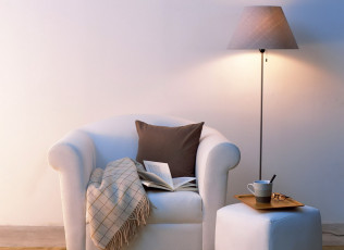 обоя интерьер, мебель, очки, плед, чашка, торшер, пуфик, книга, подушка, кресло