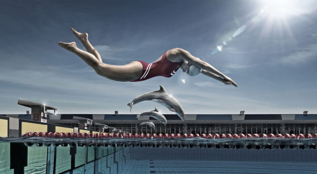 Обои картинки фото юмор и приколы, соревнование, бассейн, девушка, дельфины