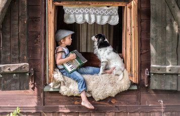 Картинка разное дети мальчик кепка гармошка собака окно