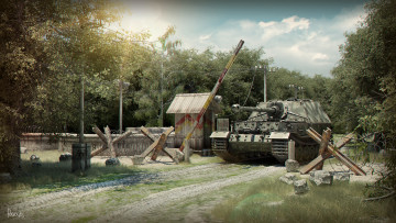 Картинка рисованные армия ferdinand самоходка танк лес таможня шлагбаум элефант