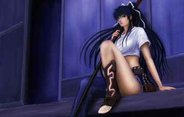 Картинка аниме toaru majutsu no index джинсы сидя девушка kanzaki kaori меч катана ebi to aru