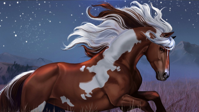 Обои картинки фото рисованные, животные, лошади, бег, конь, ночь, холмы, звезды