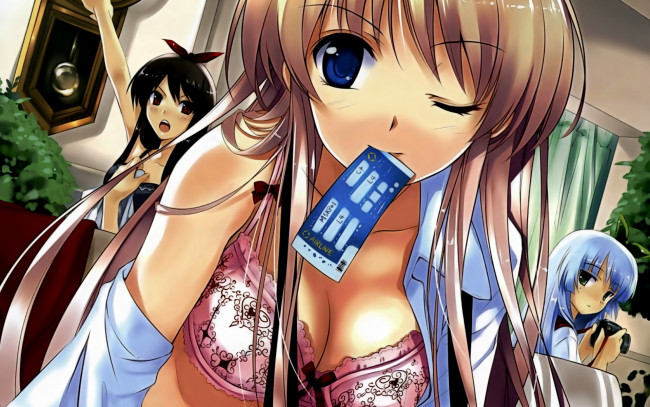 Обои картинки фото аниме, kurehito, misaki, mangaka, джойстик, билет, девушки