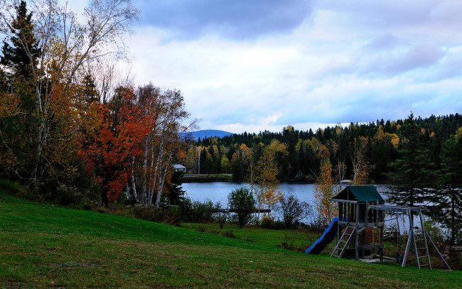 Обои картинки фото природа, реки, озера, пейзаж, горка, деревья, осень