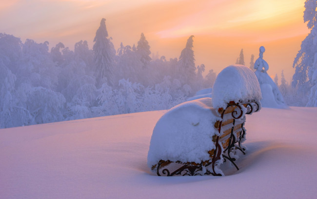 Обои картинки фото природа, зима, пейзаж, снег, закат, скамья