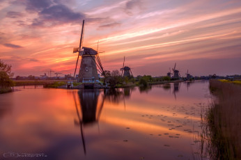 Картинка разное мельницы нидерланды голландия вечер канал река вода ветряные
