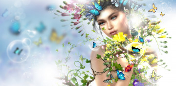 Картинка 3д+графика люди+ people бабочки девушка весна цветы арт