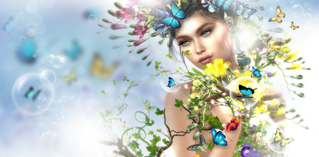 Обои картинки фото 3д графика, люди , people, бабочки, девушка, весна, цветы, арт
