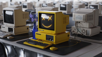 обоя компьютеры, -unknown , разное, цветы, цвет, желтый, смайл, компьютер, бутылка, улыбка, стол, клавиатура, офис, мышь