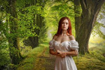Картинка девушки -+рыжеволосые+и+разноцветные лес рыжие волосы белое платье декольте