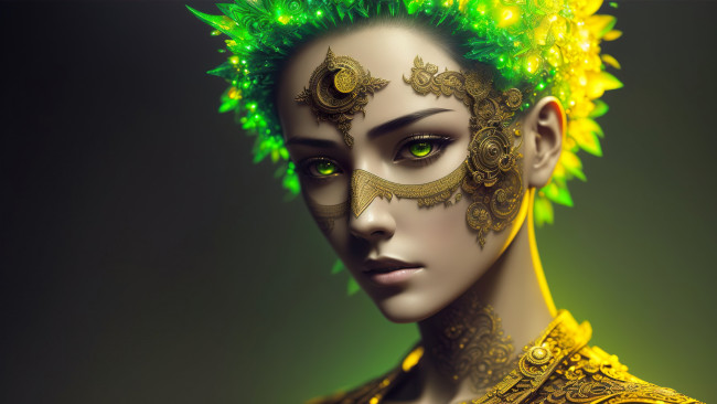 Обои картинки фото девушка - girl, фэнтези, девушки, abstract, girl, fantasy, art, digital, fractal, green, eye, stable, diffusion, neuronet, ai