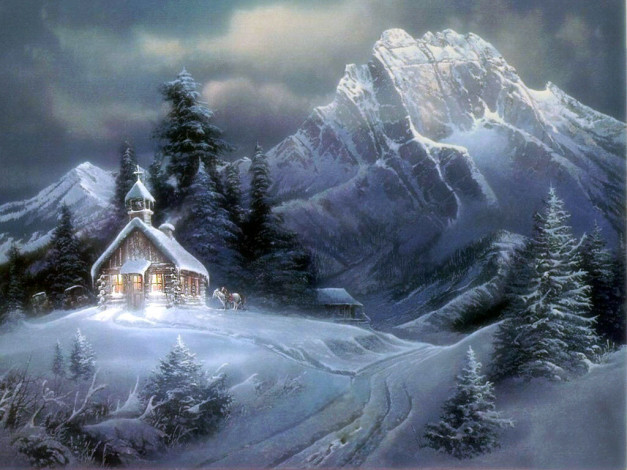 Обои картинки фото white, christmas, house, праздничные, рисованные