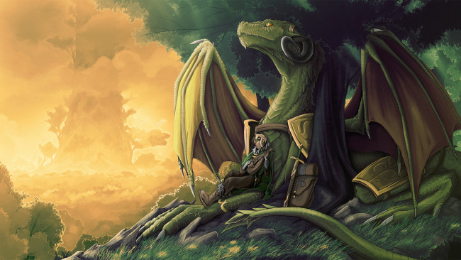 Обои картинки фото фэнтези, драконы, дерево, крылья, меч, воин, сумка