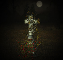 Картинка 3д+графика ужас+ horror ночь луна цветы крест