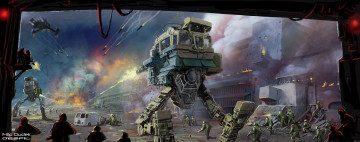 Картинка фэнтези роботы +киборги +механизмы сражение бой люди