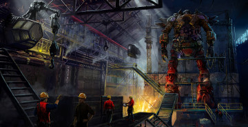 Картинка фэнтези роботы +киборги +механизмы робот люди цех завод