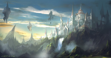 Картинка фэнтези замки замок закат небо арт пейзаж пар водопад облака парящие скалы