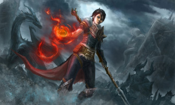 Картинка фэнтези маги +волшебники огонь воин девушка дракон волшебница магия